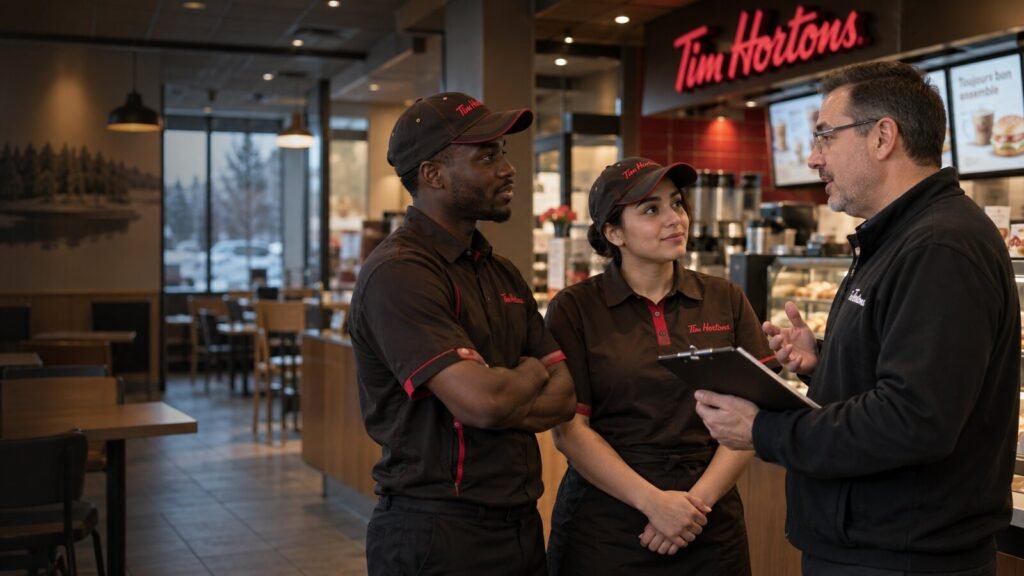 Travailleurs étrangers temporaires discutant avec un gestionnaire dans un Tim Hortons au Québec