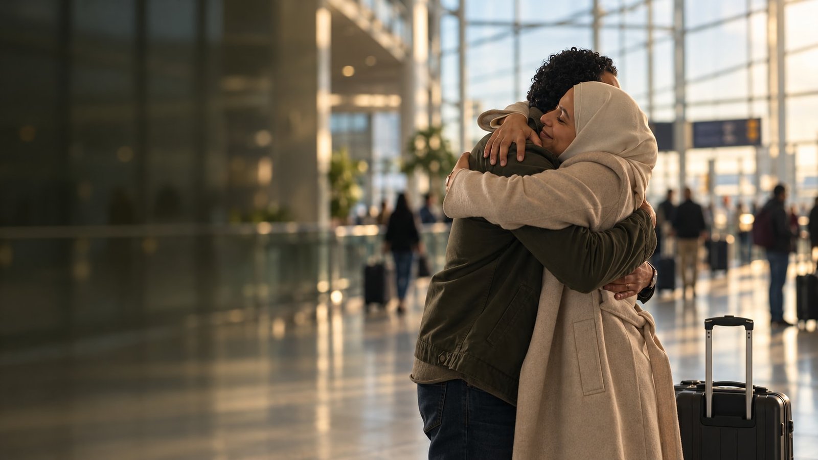 Un couple partage une étreinte à l’aéroport