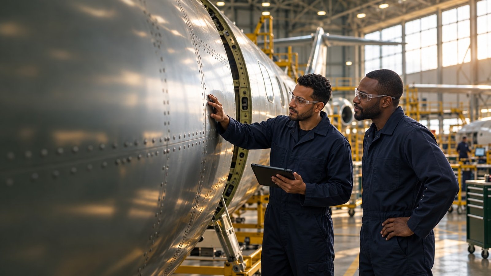 Des techniciens inspectent un avion dans un atelier aéronautique
